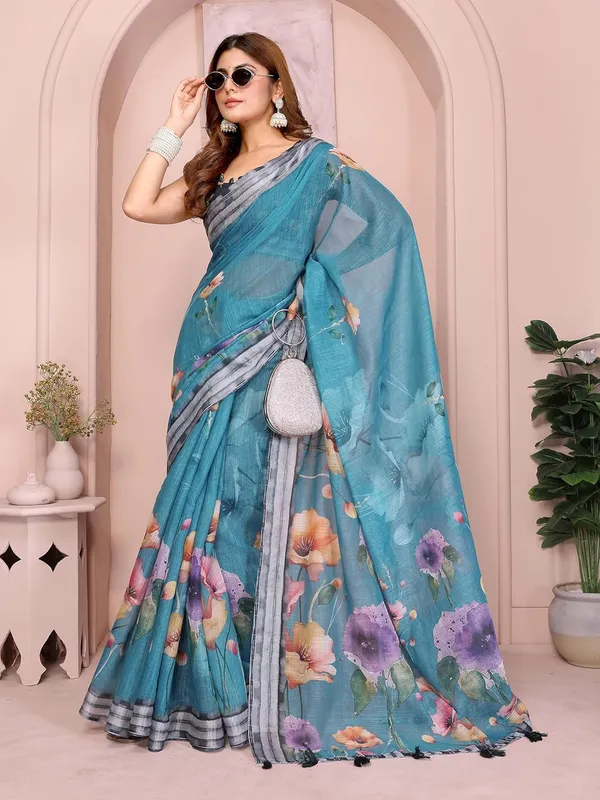 Women's_Linen_Cotton_Saree_for_Women_|_Floral_&_Leaf_Print_|_Soft_&_Breathable_Fabric_|_For_Traditional,_Festive_&_Wedding_|_5.5m_Saree_+_0.8m_Blouse_Piece_(Teal_with_Grey)