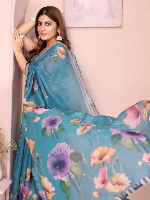 Women's_Linen_Cotton_Saree_for_Women_|_Floral_&_Leaf_Print_|_Soft_&_Breathable_Fabric_|_For_Traditional,_Festive_&_Wedding_|_5.5m_Saree_+_0.8m_Blouse_Piece_(Teal_with_Grey)