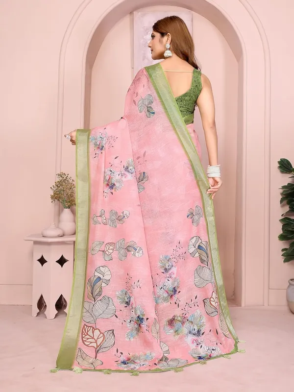 Women's_Linen_Cotton_Saree_for_Women_|_Floral_&_Leaf_Print_|_Soft_&_Breathable_Fabric_|_For_Traditional,_Festive_&_Wedding_|_5.5m_Saree_+_0.8m_Blouse_Piece_(Pastel_Pink_with_Green)