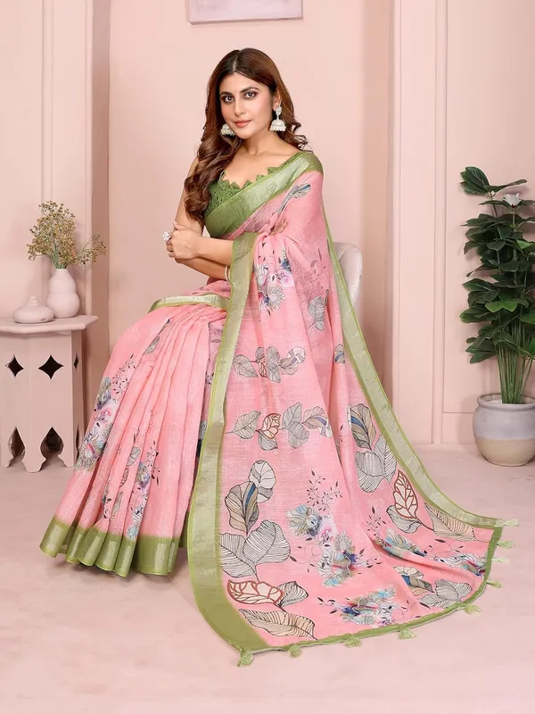Women's_Linen_Cotton_Saree_for_Women_|_Floral_&_Leaf_Print_|_Soft_&_Breathable_Fabric_|_For_Traditional,_Festive_&_Wedding_|_5.5m_Saree_+_0.8m_Blouse_Piece_(Pastel_Pink_with_Green)