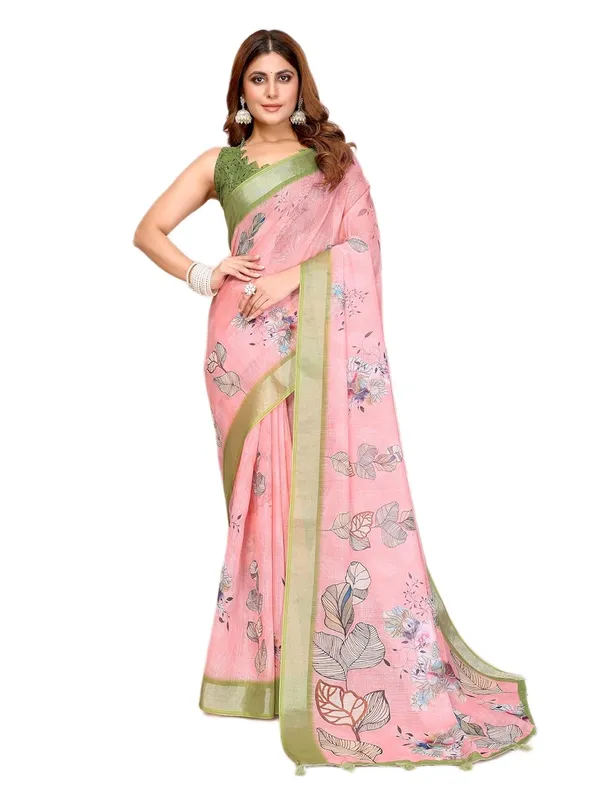 Women's_Linen_Cotton_Saree_for_Women_|_Floral_&_Leaf_Print_|_Soft_&_Breathable_Fabric_|_For_Traditional,_Festive_&_Wedding_|_5.5m_Saree_+_0.8m_Blouse_Piece_(Pastel_Pink_with_Green)