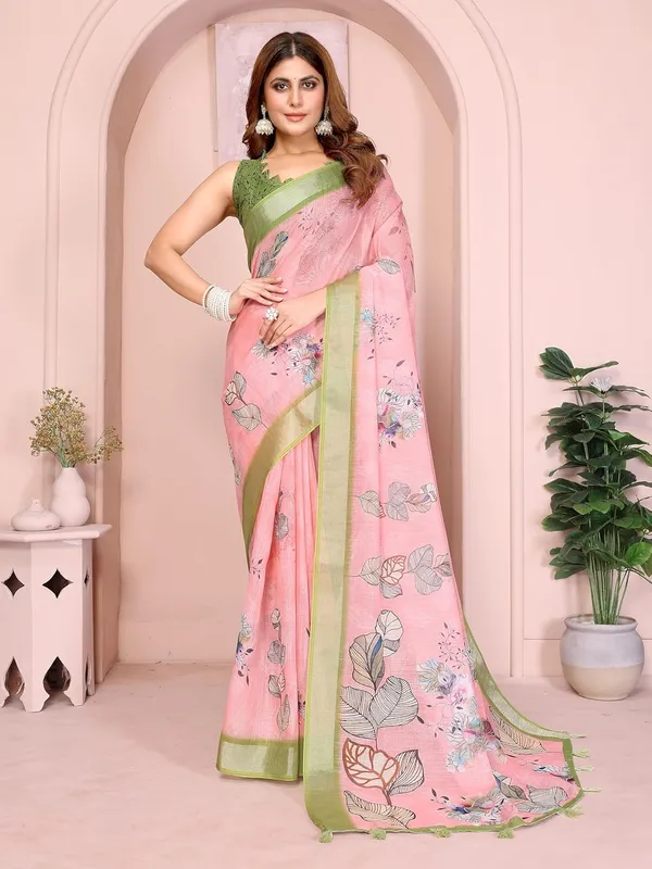 Women's_Linen_Cotton_Saree_for_Women_|_Floral_&_Leaf_Print_|_Soft_&_Breathable_Fabric_|_For_Traditional,_Festive_&_Wedding_|_5.5m_Saree_+_0.8m_Blouse_Piece_(Pastel_Pink_with_Green)