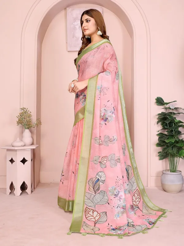 Women's_Linen_Cotton_Saree_for_Women_|_Floral_&_Leaf_Print_|_Soft_&_Breathable_Fabric_|_For_Traditional,_Festive_&_Wedding_|_5.5m_Saree_+_0.8m_Blouse_Piece_(Pastel_Pink_with_Green)