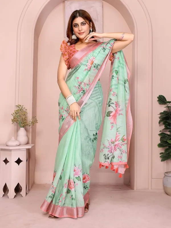 Women's_Linen_Cotton_Saree_for_Women_|_Floral_&_Leaf_Print_|_Soft_&_Breathable_Fabric_|_For_Traditional,_Festive_&_Wedding_|_5.5m_Saree_+_0.8m_Blouse_Piece_(Mint_Green_with_Pink)