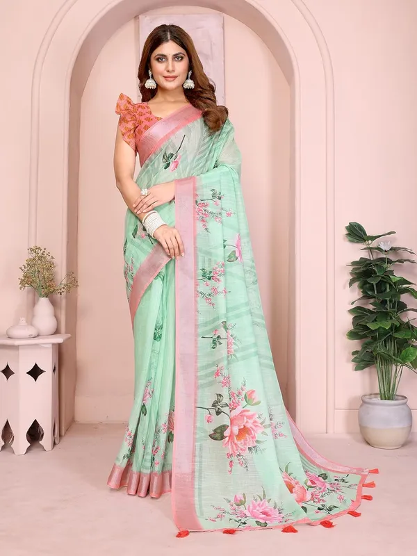 Women's_Linen_Cotton_Saree_for_Women_|_Floral_&_Leaf_Print_|_Soft_&_Breathable_Fabric_|_For_Traditional,_Festive_&_Wedding_|_5.5m_Saree_+_0.8m_Blouse_Piece_(Mint_Green_with_Pink)