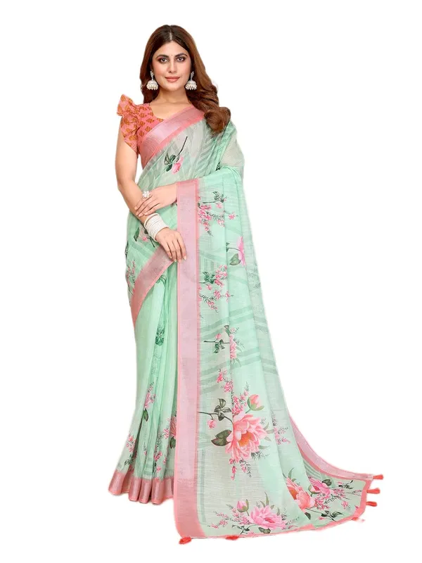 Women's_Linen_Cotton_Saree_for_Women_|_Floral_&_Leaf_Print_|_Soft_&_Breathable_Fabric_|_For_Traditional,_Festive_&_Wedding_|_5.5m_Saree_+_0.8m_Blouse_Piece_(Mint_Green_with_Pink)