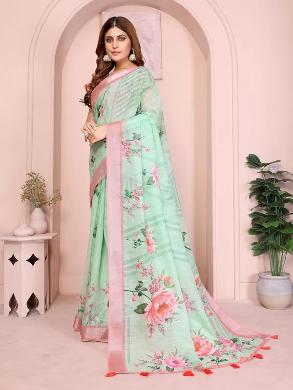 Women's_Linen_Cotton_Saree_for_Women_|_Floral_&_Leaf_Print_|_Soft_&_Breathable_Fabric_|_For_Traditional,_Festive_&_Wedding_|_5.5m_Saree_+_0.8m_Blouse_Piece_(Mint_Green_with_Pink)