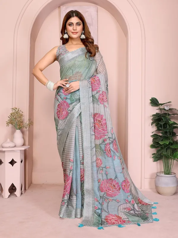 Women's_Linen_Cotton_Saree_for_Women_|_Floral_&_Leaf_Print_|_Soft_&_Breathable_Fabric_|_For_Traditional,_Festive_&_Wedding_|_5.5m_Saree_+_0.8m_Blouse_Piece_(Grey-Blue_with_Checked)