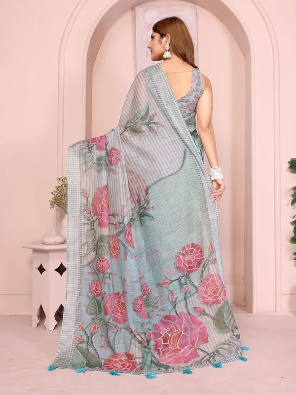 Women's_Linen_Cotton_Saree_for_Women_|_Floral_&_Leaf_Print_|_Soft_&_Breathable_Fabric_|_For_Traditional,_Festive_&_Wedding_|_5.5m_Saree_+_0.8m_Blouse_Piece_(Grey-Blue_with_Checked)