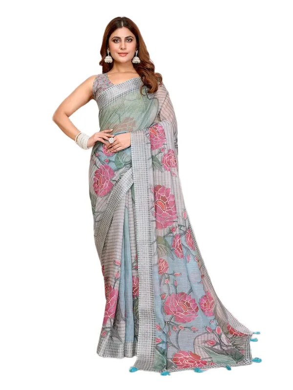 Women's_Linen_Cotton_Saree_for_Women_|_Floral_&_Leaf_Print_|_Soft_&_Breathable_Fabric_|_For_Traditional,_Festive_&_Wedding_|_5.5m_Saree_+_0.8m_Blouse_Piece_(Grey-Blue_with_Checked)