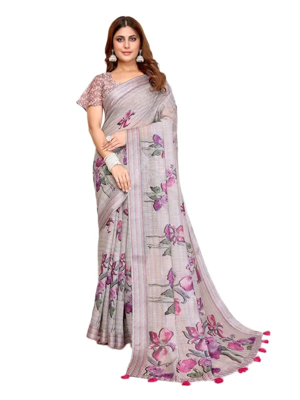 Women's_Linen_Cotton_Saree_for_Women_|_Floral_&_Leaf_Print_|_Soft_&_Breathable_Fabric_|_For_Traditional,_Festive_&_Wedding_|_5.5m_Saree_+_0.8m_Blouse_Piece_(Soft_Grey_with_Pink)