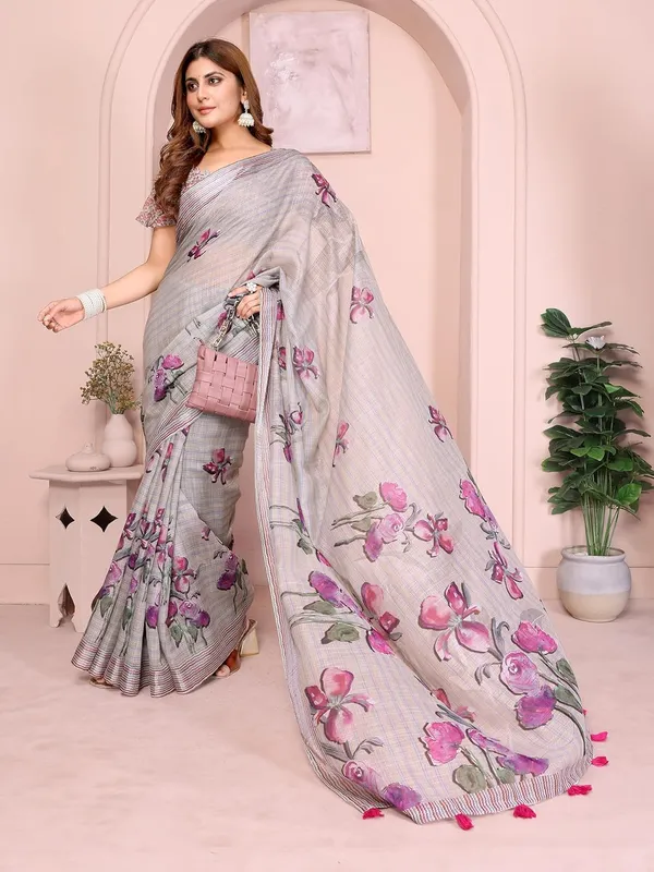 Women's_Linen_Cotton_Saree_for_Women_|_Floral_&_Leaf_Print_|_Soft_&_Breathable_Fabric_|_For_Traditional,_Festive_&_Wedding_|_5.5m_Saree_+_0.8m_Blouse_Piece_(Soft_Grey_with_Pink)