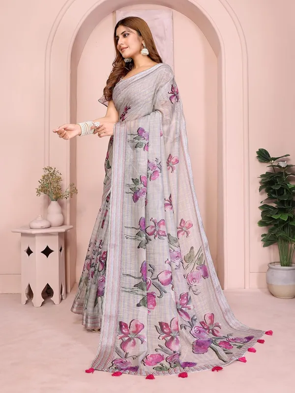 Women's_Linen_Cotton_Saree_for_Women_|_Floral_&_Leaf_Print_|_Soft_&_Breathable_Fabric_|_For_Traditional,_Festive_&_Wedding_|_5.5m_Saree_+_0.8m_Blouse_Piece_(Soft_Grey_with_Pink)