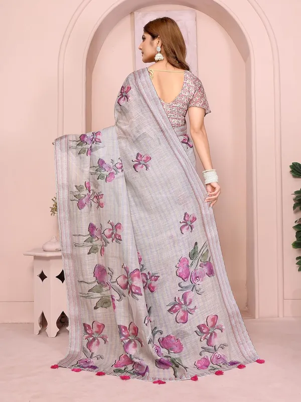 Women's_Linen_Cotton_Saree_for_Women_|_Floral_&_Leaf_Print_|_Soft_&_Breathable_Fabric_|_For_Traditional,_Festive_&_Wedding_|_5.5m_Saree_+_0.8m_Blouse_Piece_(Soft_Grey_with_Pink)
