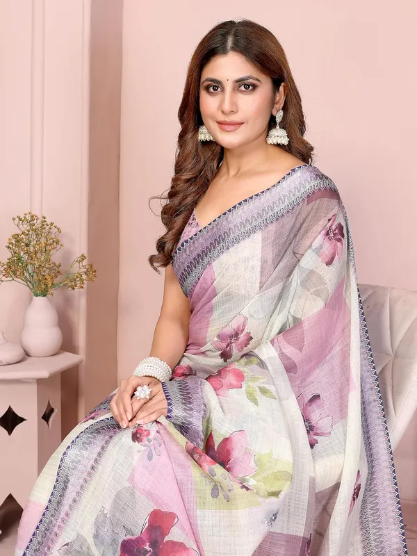 Women's_Linen_Cotton_Saree_for_Women_|_Floral_&_Leaf_Print_|_Soft_&_Breathable_Fabric_|_For_Traditional,_Festive_&_Wedding_|_5.5m_Saree_+_0.8m_Blouse_Piece_(Lavender-Cream_with_Violet)