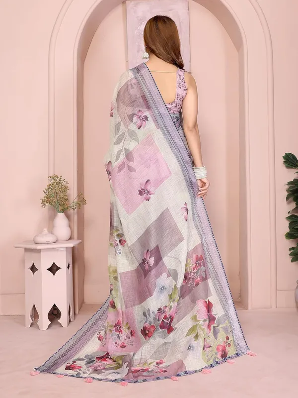 Women's_Linen_Cotton_Saree_for_Women_|_Floral_&_Leaf_Print_|_Soft_&_Breathable_Fabric_|_For_Traditional,_Festive_&_Wedding_|_5.5m_Saree_+_0.8m_Blouse_Piece_(Lavender-Cream_with_Violet)