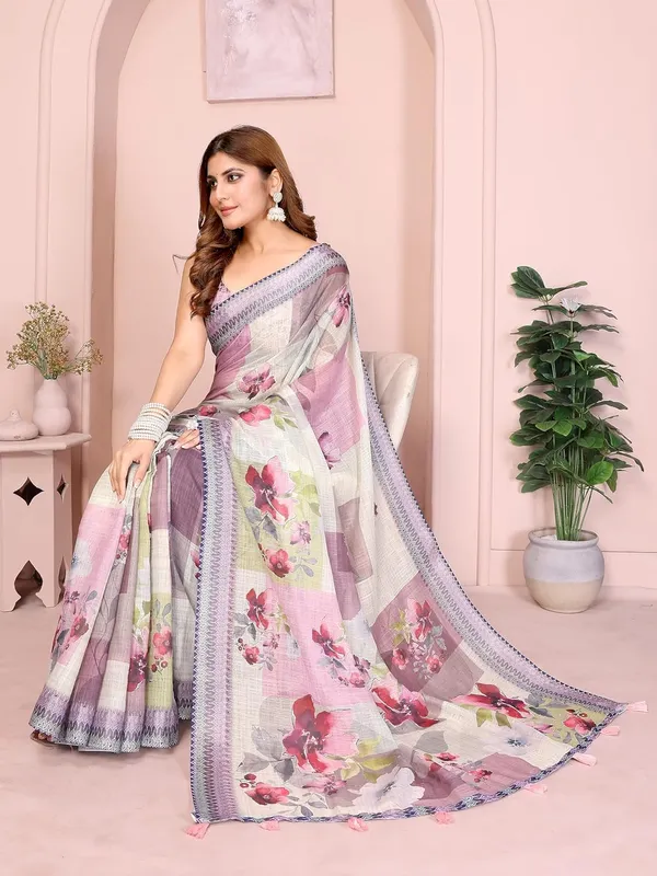 Women's_Linen_Cotton_Saree_for_Women_|_Floral_&_Leaf_Print_|_Soft_&_Breathable_Fabric_|_For_Traditional,_Festive_&_Wedding_|_5.5m_Saree_+_0.8m_Blouse_Piece_(Lavender-Cream_with_Violet)