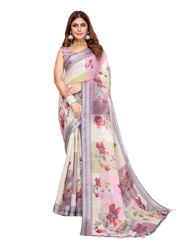 Women's_Linen_Cotton_Saree_for_Women_|_Floral_&_Leaf_Print_|_Soft_&_Breathable_Fabric_|_For_Traditional,_Festive_&_Wedding_|_5.5m_Saree_+_0.8m_Blouse_Piece_(Lavender-Cream_with_Violet)