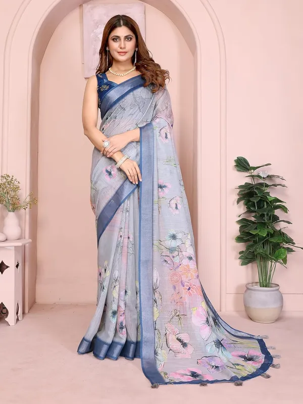 Women's_Linen_Cotton_Saree_for_Women_|_Floral_&_Leaf_Print_|_Soft_&_Breathable_Fabric_|_For_Traditional,_Festive_&_Wedding_|_5.5m_Saree_+_0.8m_Blouse_Piece_(Steel_Blue_with_Matching)