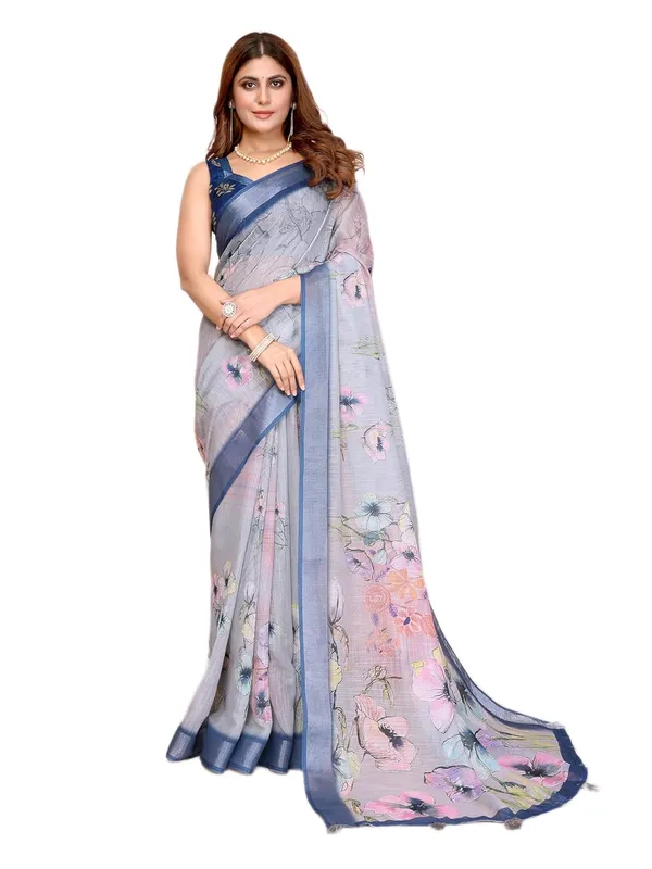 Women's_Linen_Cotton_Saree_for_Women_|_Floral_&_Leaf_Print_|_Soft_&_Breathable_Fabric_|_For_Traditional,_Festive_&_Wedding_|_5.5m_Saree_+_0.8m_Blouse_Piece_(Steel_Blue_with_Matching)