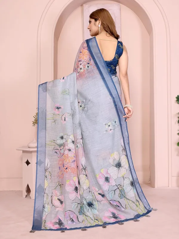 Women's_Linen_Cotton_Saree_for_Women_|_Floral_&_Leaf_Print_|_Soft_&_Breathable_Fabric_|_For_Traditional,_Festive_&_Wedding_|_5.5m_Saree_+_0.8m_Blouse_Piece_(Steel_Blue_with_Matching)
