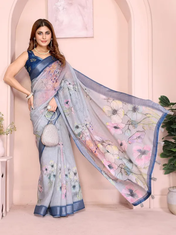 Women's_Linen_Cotton_Saree_for_Women_|_Floral_&_Leaf_Print_|_Soft_&_Breathable_Fabric_|_For_Traditional,_Festive_&_Wedding_|_5.5m_Saree_+_0.8m_Blouse_Piece_(Steel_Blue_with_Matching)