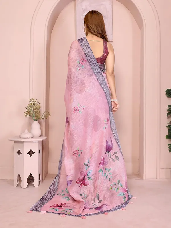 Women's_Linen_Cotton_Saree_for_Women_|_Floral_&_Leaf_Print_|_Soft_&_Breathable_Fabric_|_For_Traditional,_Festive_&_Wedding_|_5.5m_Saree_+_0.8m_Blouse_Piece_(Soft_Pink_with_Navy)