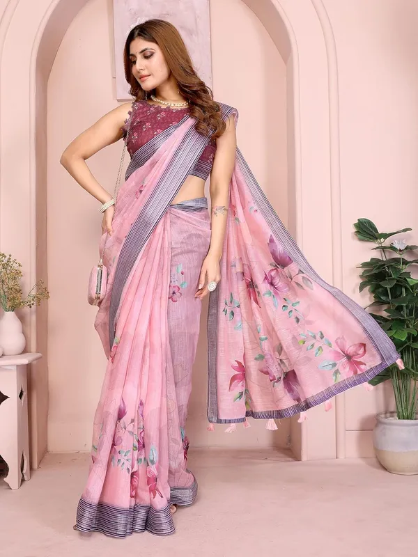 Women's_Linen_Cotton_Saree_for_Women_|_Floral_&_Leaf_Print_|_Soft_&_Breathable_Fabric_|_For_Traditional,_Festive_&_Wedding_|_5.5m_Saree_+_0.8m_Blouse_Piece_(Soft_Pink_with_Navy)