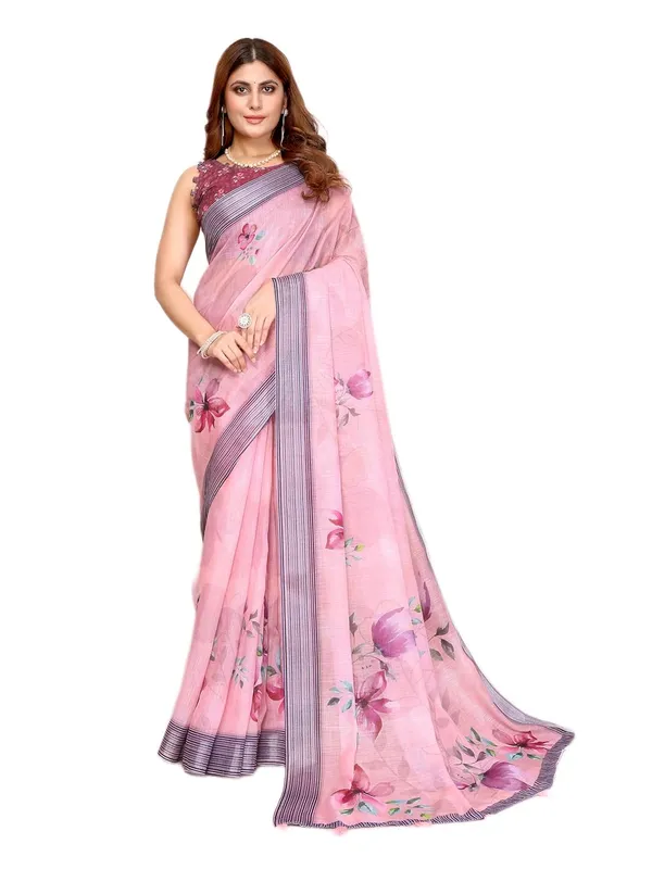 Women's_Linen_Cotton_Saree_for_Women_|_Floral_&_Leaf_Print_|_Soft_&_Breathable_Fabric_|_For_Traditional,_Festive_&_Wedding_|_5.5m_Saree_+_0.8m_Blouse_Piece_(Soft_Pink_with_Navy)