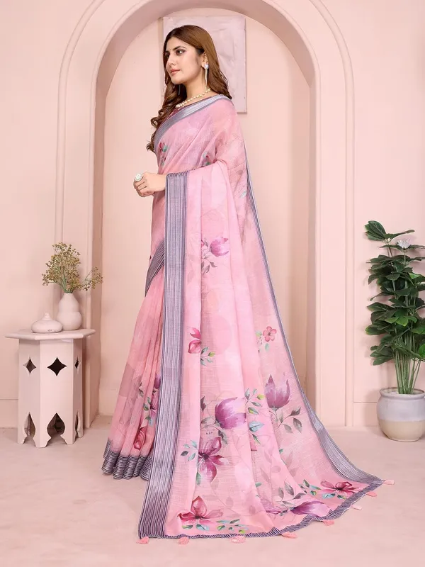 Women's_Linen_Cotton_Saree_for_Women_|_Floral_&_Leaf_Print_|_Soft_&_Breathable_Fabric_|_For_Traditional,_Festive_&_Wedding_|_5.5m_Saree_+_0.8m_Blouse_Piece_(Soft_Pink_with_Navy)