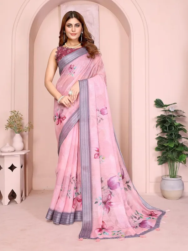 Women's_Linen_Cotton_Saree_for_Women_|_Floral_&_Leaf_Print_|_Soft_&_Breathable_Fabric_|_For_Traditional,_Festive_&_Wedding_|_5.5m_Saree_+_0.8m_Blouse_Piece_(Soft_Pink_with_Navy)
