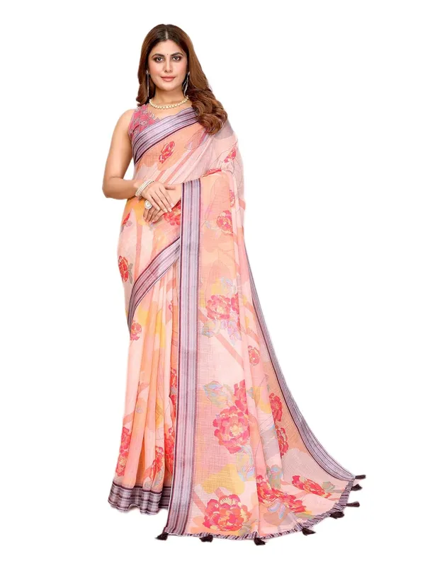 Women's_Linen_Cotton_Saree_for_Women_|_Floral_&_Leaf_Print_|_Soft_&_Breathable_Fabric_|_For_Traditional,_Festive_&_Wedding_|_5.5m_Saree_+_0.8m_Blouse_Piece_(Peach_with_Striped)