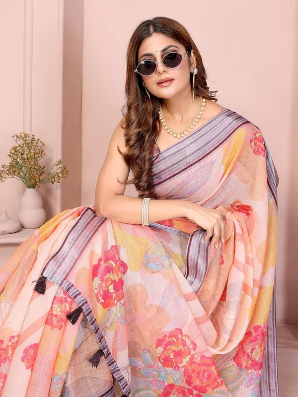 Women's_Linen_Cotton_Saree_for_Women_|_Floral_&_Leaf_Print_|_Soft_&_Breathable_Fabric_|_For_Traditional,_Festive_&_Wedding_|_5.5m_Saree_+_0.8m_Blouse_Piece_(Peach_with_Striped)