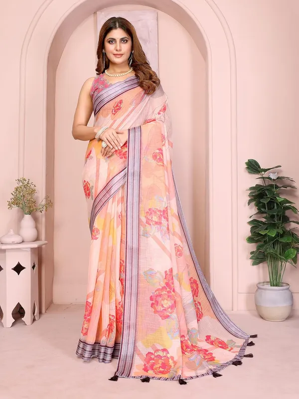 Women's_Linen_Cotton_Saree_for_Women_|_Floral_&_Leaf_Print_|_Soft_&_Breathable_Fabric_|_For_Traditional,_Festive_&_Wedding_|_5.5m_Saree_+_0.8m_Blouse_Piece_(Peach_with_Striped)