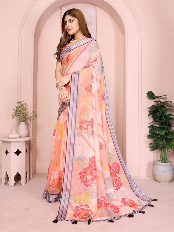 Women's_Linen_Cotton_Saree_for_Women_|_Floral_&_Leaf_Print_|_Soft_&_Breathable_Fabric_|_For_Traditional,_Festive_&_Wedding_|_5.5m_Saree_+_0.8m_Blouse_Piece_(Peach_with_Striped)