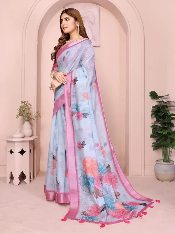 Women's_Linen_Cotton_Saree_for_Women_|_Floral_&_Leaf_Print_|_Soft_&_Breathable_Fabric_|_For_Traditional,_Festive_&_Wedding_|_5.5m_Saree_+_0.8m_Blouse_Piece_(Sky_Blue_with_Pink)