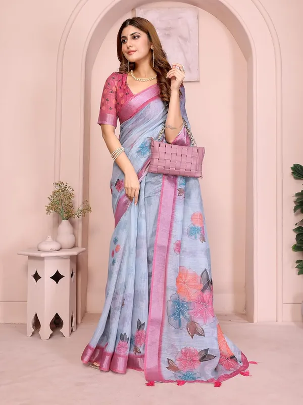 Women's_Linen_Cotton_Saree_for_Women_|_Floral_&_Leaf_Print_|_Soft_&_Breathable_Fabric_|_For_Traditional,_Festive_&_Wedding_|_5.5m_Saree_+_0.8m_Blouse_Piece_(Sky_Blue_with_Pink)