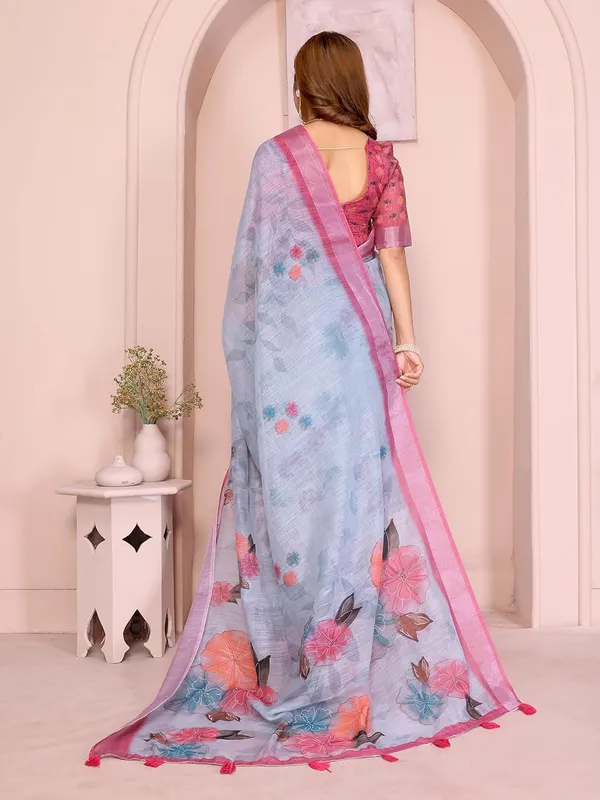 Women's_Linen_Cotton_Saree_for_Women_|_Floral_&_Leaf_Print_|_Soft_&_Breathable_Fabric_|_For_Traditional,_Festive_&_Wedding_|_5.5m_Saree_+_0.8m_Blouse_Piece_(Sky_Blue_with_Pink)