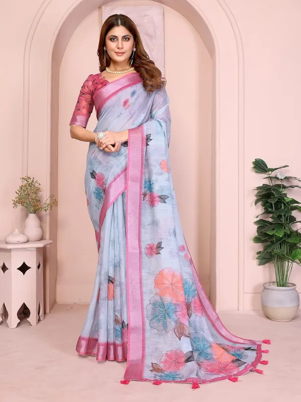 Women's_Linen_Cotton_Saree_for_Women_|_Floral_&_Leaf_Print_|_Soft_&_Breathable_Fabric_|_For_Traditional,_Festive_&_Wedding_|_5.5m_Saree_+_0.8m_Blouse_Piece_(Sky_Blue_with_Pink)