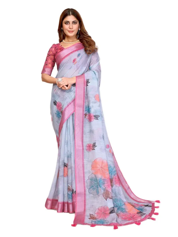 Women's_Linen_Cotton_Saree_for_Women_|_Floral_&_Leaf_Print_|_Soft_&_Breathable_Fabric_|_For_Traditional,_Festive_&_Wedding_|_5.5m_Saree_+_0.8m_Blouse_Piece_(Sky_Blue_with_Pink)