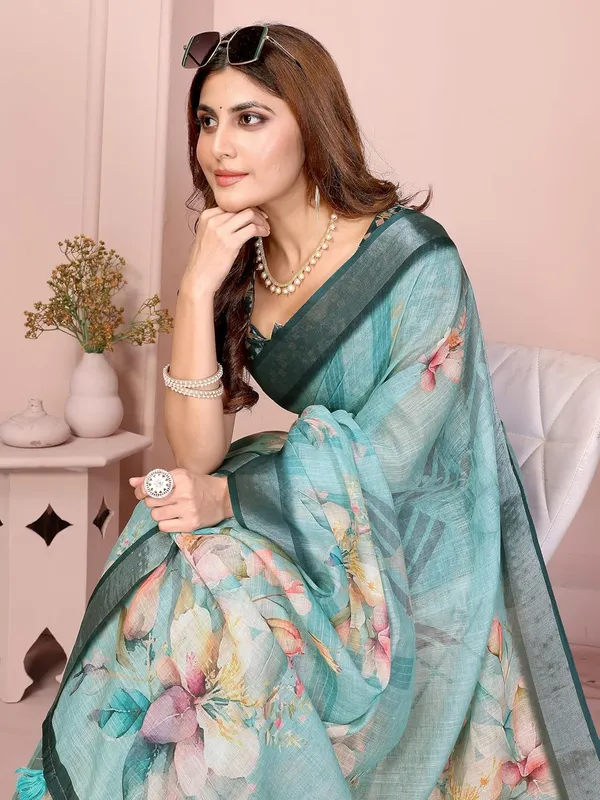 Women's_Linen_Cotton_Saree_for_Women_|_Floral_&_Leaf_Print_|_Soft_&_Breathable_Fabric_|_For_Traditional,_Festive_&_Wedding_|_5.5m_Saree_+_0.8m_Blouse_Piece_(Teal_Green_with_Deep_Green)