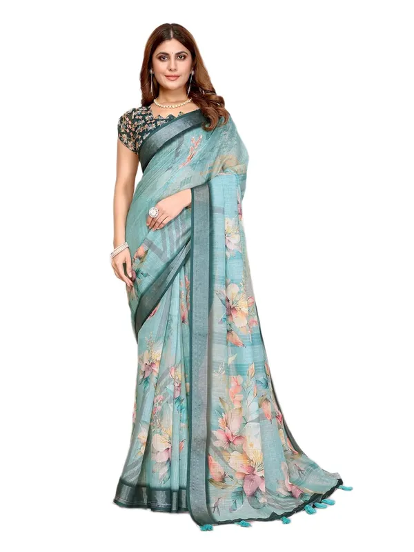 Women's_Linen_Cotton_Saree_for_Women_|_Floral_&_Leaf_Print_|_Soft_&_Breathable_Fabric_|_For_Traditional,_Festive_&_Wedding_|_5.5m_Saree_+_0.8m_Blouse_Piece_(Teal_Green_with_Deep_Green)