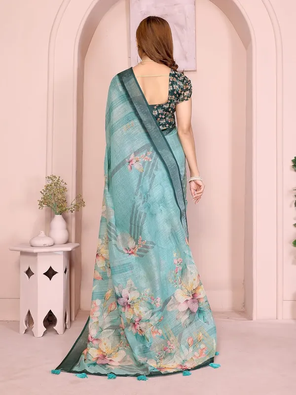 Women's_Linen_Cotton_Saree_for_Women_|_Floral_&_Leaf_Print_|_Soft_&_Breathable_Fabric_|_For_Traditional,_Festive_&_Wedding_|_5.5m_Saree_+_0.8m_Blouse_Piece_(Teal_Green_with_Deep_Green)