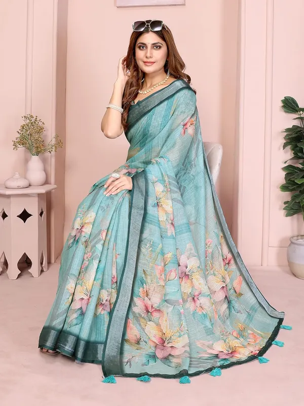 Women's_Linen_Cotton_Saree_for_Women_|_Floral_&_Leaf_Print_|_Soft_&_Breathable_Fabric_|_For_Traditional,_Festive_&_Wedding_|_5.5m_Saree_+_0.8m_Blouse_Piece_(Teal_Green_with_Deep_Green)