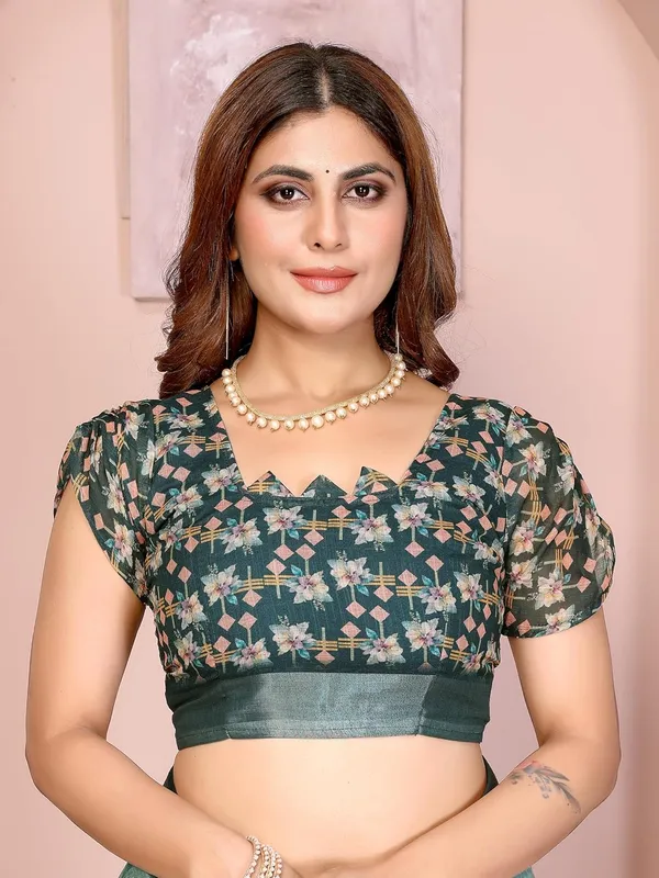 Women's_Linen_Cotton_Saree_for_Women_|_Floral_&_Leaf_Print_|_Soft_&_Breathable_Fabric_|_For_Traditional,_Festive_&_Wedding_|_5.5m_Saree_+_0.8m_Blouse_Piece_(Teal_Green_with_Deep_Green)