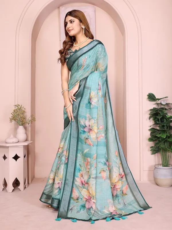 Women's_Linen_Cotton_Saree_for_Women_|_Floral_&_Leaf_Print_|_Soft_&_Breathable_Fabric_|_For_Traditional,_Festive_&_Wedding_|_5.5m_Saree_+_0.8m_Blouse_Piece_(Teal_Green_with_Deep_Green)