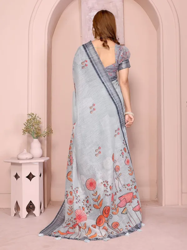 Women's_Linen_Cotton_Saree_for_Women_|_Floral_&_Leaf_Print_|_Soft_&_Breathable_Fabric_|_For_Traditional,_Festive_&_Wedding_|_5.5m_Saree_+_0.8m_Blouse_Piece_(Light_Grey_with_Navy)