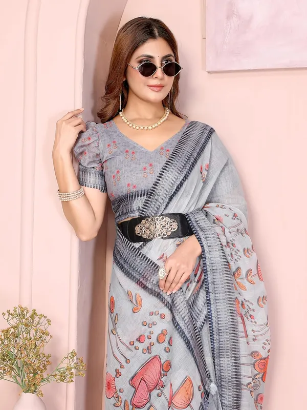 Women's_Linen_Cotton_Saree_for_Women_|_Floral_&_Leaf_Print_|_Soft_&_Breathable_Fabric_|_For_Traditional,_Festive_&_Wedding_|_5.5m_Saree_+_0.8m_Blouse_Piece_(Light_Grey_with_Navy)