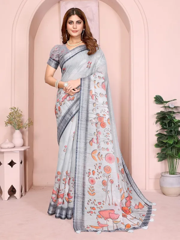 Women's_Linen_Cotton_Saree_for_Women_|_Floral_&_Leaf_Print_|_Soft_&_Breathable_Fabric_|_For_Traditional,_Festive_&_Wedding_|_5.5m_Saree_+_0.8m_Blouse_Piece_(Light_Grey_with_Navy)