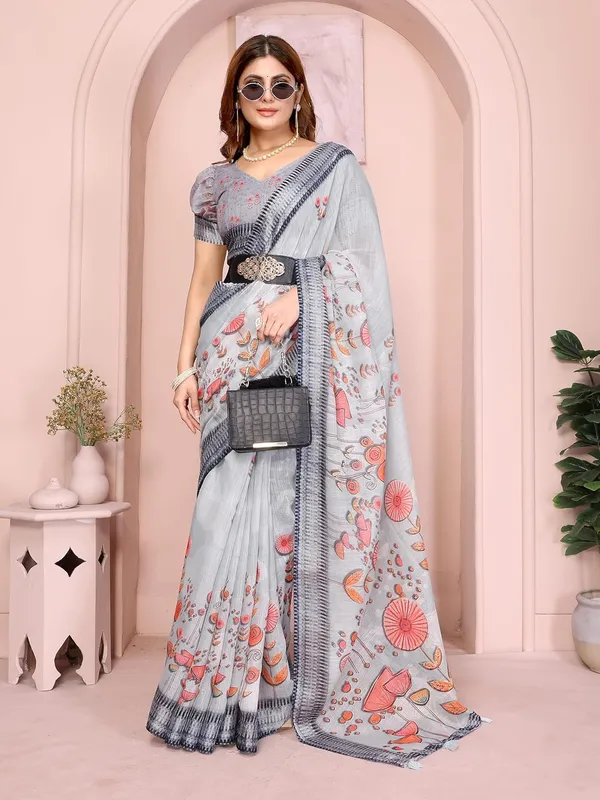Women's_Linen_Cotton_Saree_for_Women_|_Floral_&_Leaf_Print_|_Soft_&_Breathable_Fabric_|_For_Traditional,_Festive_&_Wedding_|_5.5m_Saree_+_0.8m_Blouse_Piece_(Light_Grey_with_Navy)